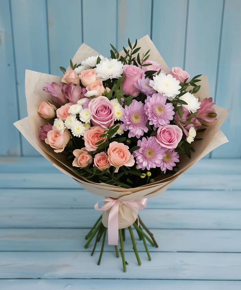 Букет цветов из: Хризантемы, Розы и Альстромерии в Молочные Дворы