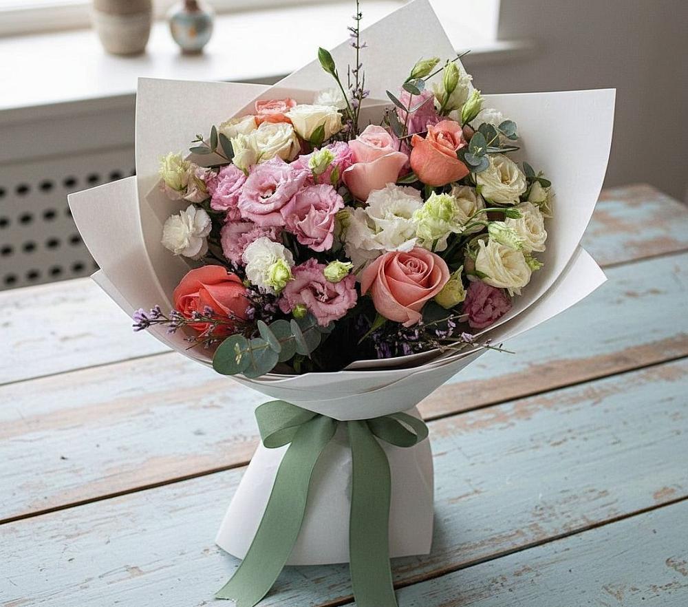 Букет цветов из: Розы, Лизиантусы и Гвоздики в Молочные Дворы